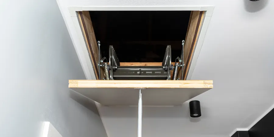 Folding metal stairs to the attic in the ceiling closed hatch with a tube for opening modern look
