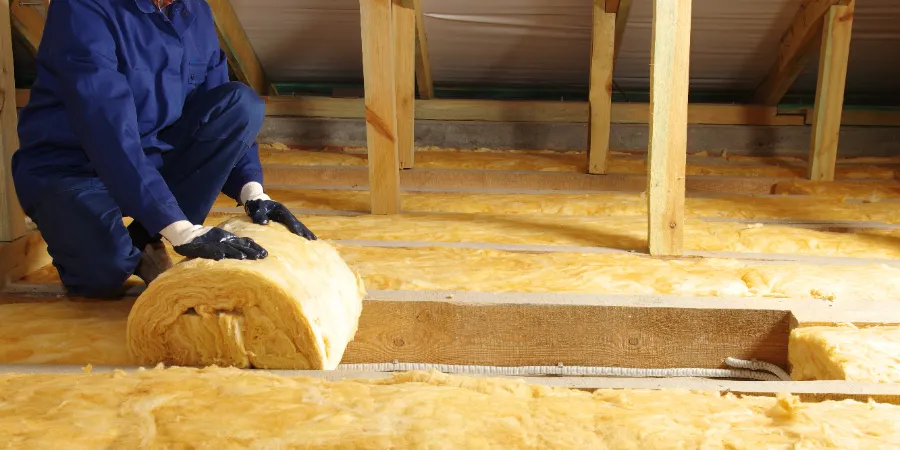 Worker thermally insulating house attic with glass wool