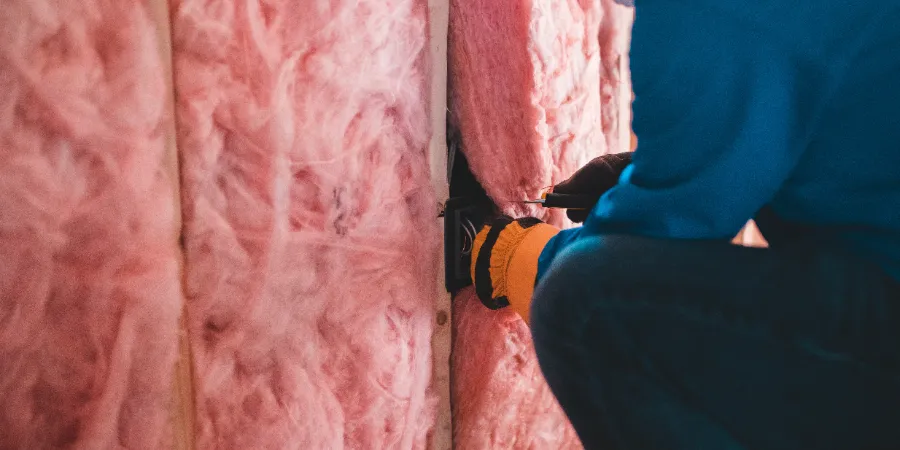 person installing insulation in a house
